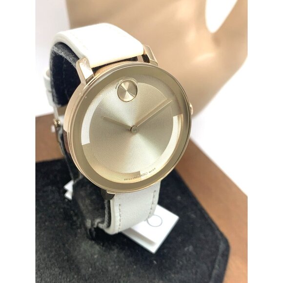 Movado Women\'s Watch 3601101 Bold Swiss Quartz Rose Gold White Leather Band 34mm